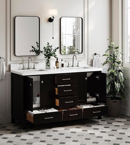 ARIEL Cambridge 60-inch Bathroom Vanity with Sink,Solid Wood, 1.5-inch Pure White Quartz Countertop, Double Rectangular Porcelain Sink, 4 Soft Closing Doors, 6 Dovetail Drawers, Espresso