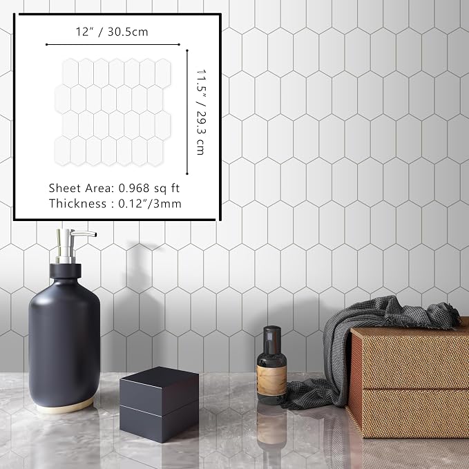The Tiles Plaza 10-Sheet Peel and Stick Backsplash, 12" x 11.5" White Long Hexagon Self-Adhesive Wall Tile, Stone Composite Stick On Decorative Mosaic Tile for Kitchen Bathroom Fireplace