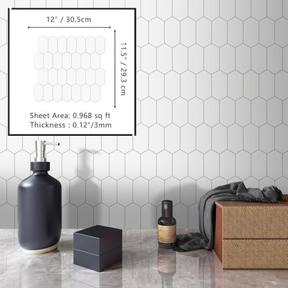 The Tiles Plaza 10-Sheet Peel and Stick Backsplash, 12" x 11.5" White Long Hexagon Self-Adhesive Wall Tile, Stone Composite Stick On Decorative Mosaic Tile for Kitchen Bathroom Fireplace