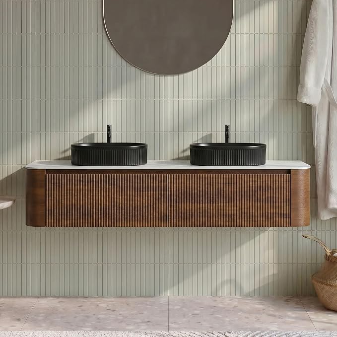 72" Preassembled Double Floating Bathroom Vanity with Black Sink, Walnut | Mid-Century Modern Style, Fluted & Soft-Close Drawer with U-shaped Wall, Sinterted Stone Countertop, Towel Rack Included
