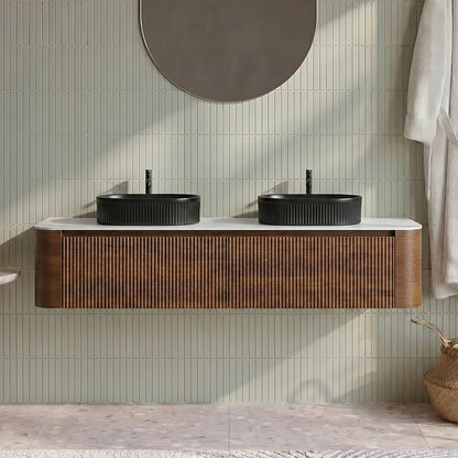 72" Preassembled Double Floating Bathroom Vanity with Black Sink, Walnut | Mid-Century Modern Style, Fluted & Soft-Close Drawer with U-shaped Wall, Sinterted Stone Countertop, Towel Rack Included