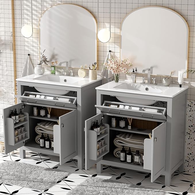60" Grey Bathroom Vanity with Double Sink, 60 Inch Bathroom Vanity Set with Double Vanities (Separate), 2 Bathroom Vanities with Sink, Adjustable Shelf, Soft Close Doors and Flip Drawer