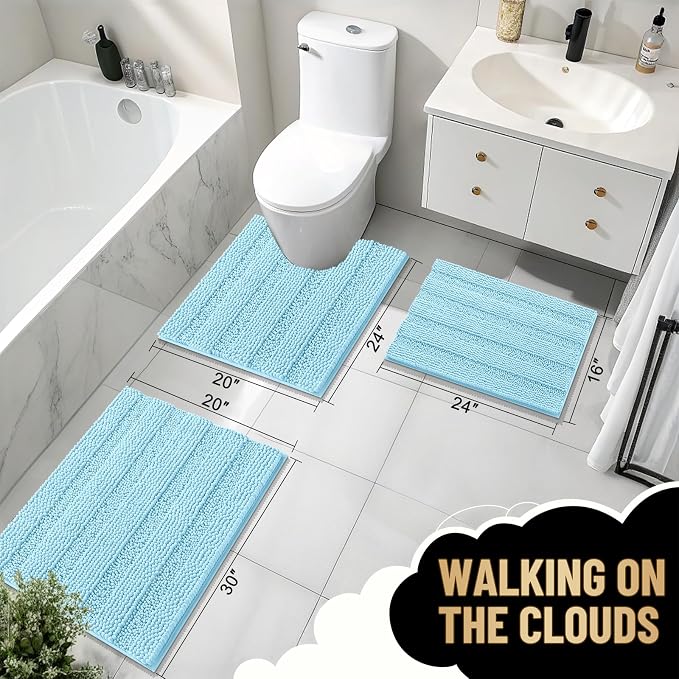 OLANLY Thick Bathroom Rugs 36x24, Soft Chenille Striped Bath Rugs, Sky Blue | Rubber Backing, Machine Wash, Extra Absorbent Bath Mats for Bathroom Floor, Tub and Shower, Home Decor Accessories