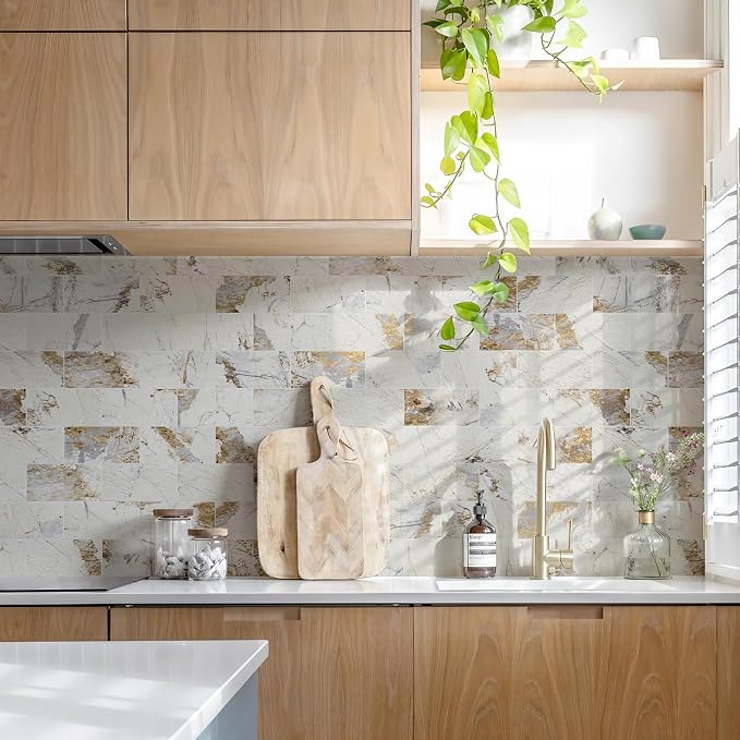 STICKGOO 10-Sheet Backsplash Peel and Stick Subway Tile(Thicker Design, Glossy Pandora Marble)