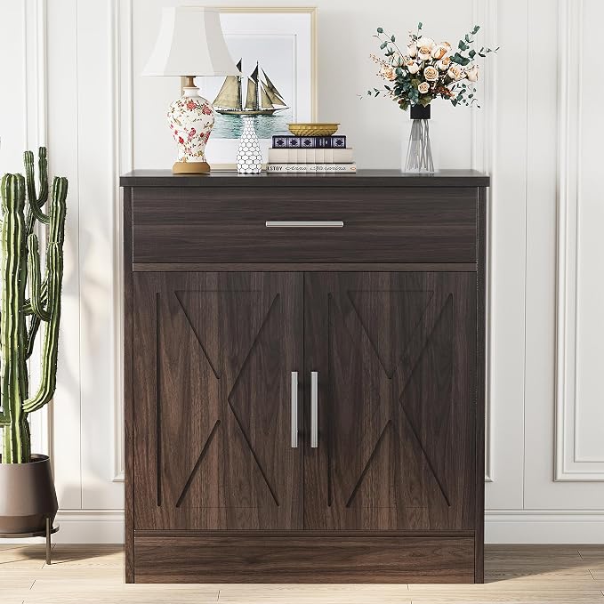 Shintenchi Farmhouse Storage Cabinets with Doors and Shelves,Kitchen Barn Door Storage Cabinet with Drawers,Coffee Bar Cabinet Buffest Sideboard for Dining Living Room,Bathroom,Entryway,Dark Brown