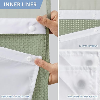Furlinic Waffle Weave No Hook Shower Curtain with Snap in Liner,Honeycomb Textured Bathroom Curtains with See Through Top Window,Waterproof & Machine Washable,Hotel Quality,Sage Green,71x84 Inch