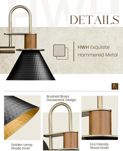Black and Gold Wall Sconces, HWH Industrial Sconces Wall Lighting Indoor Vanity Barn Light Fixture, Black Wall Lamp for Bathroom Bedside Bedroom Kitchen, Hammered Metal Shade, 5HZG74B-L BK+BG