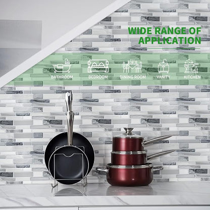 LONGKING Self-Adhesive Kitchen Backsplash, Marble Look Decorative Tiles (10 Tiles) | Peel and stick backsplash, self-adhesive wall tile, marble, waterproof, kitchen bathroom wall, 10 tiles, set A
