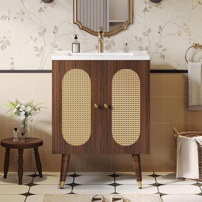 DWVO 24 Inch Rattan Vanity with Sink, Small Freestanding Bathroom Vanity Cabinet, Boho Style with 2 Large Soft-Closing Doors & Four-Sided Water Barrier Strip, Walnut