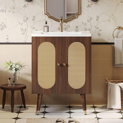 DWVO 24 Inch Rattan Vanity with Sink, Small Freestanding Bathroom Vanity Cabinet, Boho Style with 2 Large Soft-Closing Doors & Four-Sided Water Barrier Strip, Walnut