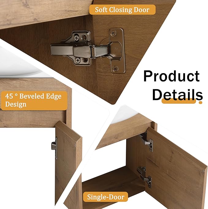 Malwee 16 Inch Floating Bathroom Vanity with Sink, 16'' Wall Mounted Single Sink Bathroom Vanity Combo, Modern Brown Cabinet Set with 1 Soft Close Door and Ceramics Basin Top,MAF02916-IMOX