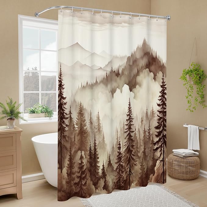 Litabel Brown Extra Long Misty Pine Forest Shower Curtain 72 x 84, XL Tan Mountain Foggy Woodland Scenery Tree Shower Curtains for Bathroom, Abstract Waterproof Nature-Themed Decor