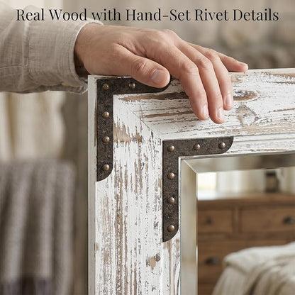 Distressed White 30x40 Inch Wood Bathroom Vanity Mirror, Rivets | Farmhouse style, layered whitewashed grain, larger vanities, dressers, dining areas and entry consoles