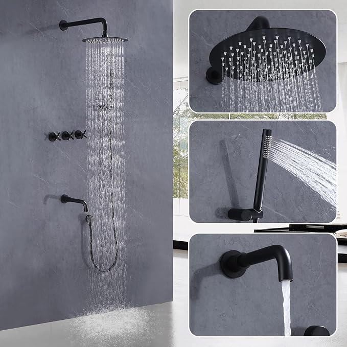 RBROHANT Matte Black Shower System with Tub Spout, Brass Bathtub Shower Faucet Set with 3 Way Rough-in Valve,10 Inch Round Shower Head Set with Tub Spout and Handheld, JK0300