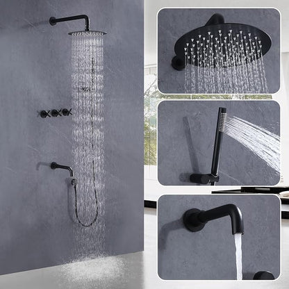 RBROHANT Matte Black Shower System with Tub Spout, Brass Bathtub Shower Faucet Set with 3 Way Rough-in Valve,10 Inch Round Shower Head Set with Tub Spout and Handheld, JK0300