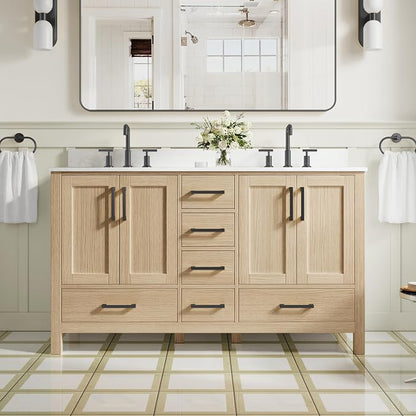 60-Inch Bathroom Vanity with Sink, 4 Soft-Close Doors and 6 Soft-Close Drawers, Bathroom Freestanding Vanity with Cultured Marble Countertop, Oak Vanity with Matte Black Handles
