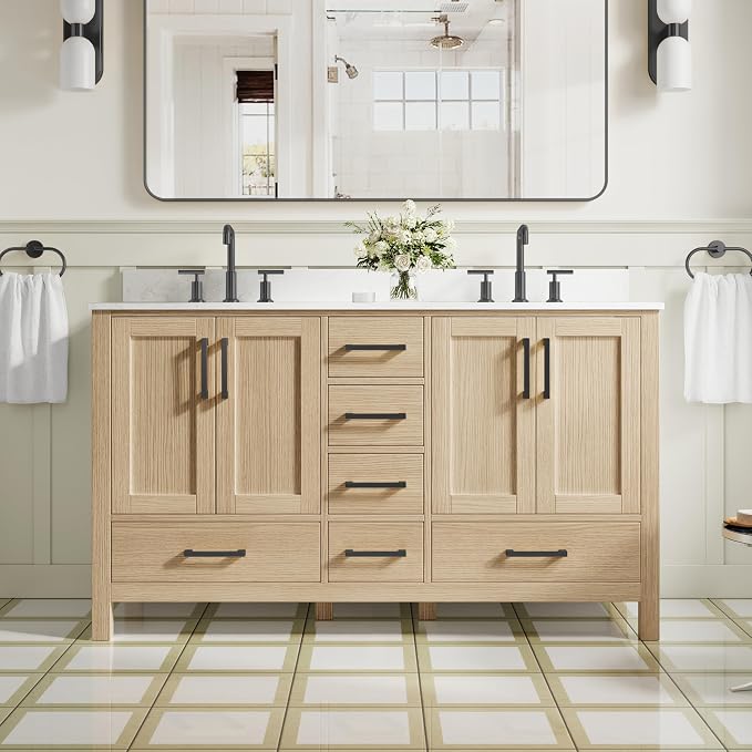 60-Inch Bathroom Vanity with Sink, 4 Soft-Close Doors and 6 Soft-Close Drawers, Bathroom Freestanding Vanity with Cultured Marble Countertop, Oak Vanity with Matte Black Handles