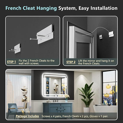 40x30 LED Bathroom Mirror with Lights, Backlit and Front Lit, Anti-Fog Lighted Vanity Mirrors for Bathroom Wall, Dimmable, 3-Color Light, Memory, Shatter-Proof, HD Tempered Glass, CRI＞90