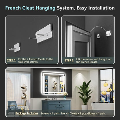 44x32 LED Bathroom Mirror, Backlit & Front Lit Lighted Mirror | Anti-Fog Vanity Mirror with Lights, 3 Color Dimmable, Memory, HD Tempered Glass, CRI95, IP54, UL Listed, Horizontal/Vertical