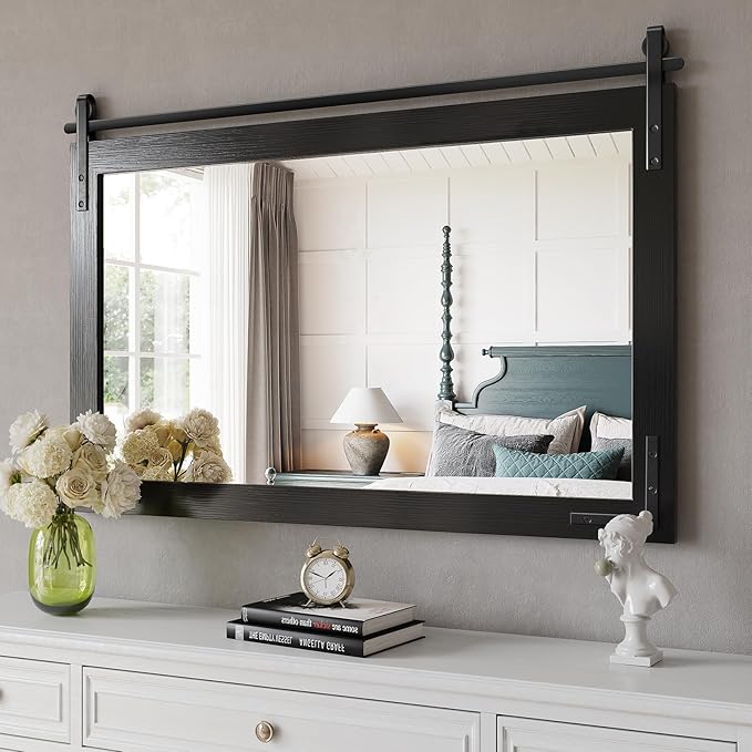 Farmhouse Mirror 46.4x32 Inch, Black Wood Bathroom Mirror Vanity, Wood Framed Rectangular Wall Rustic Mirrors for Entryway, Living Room, Fireplace