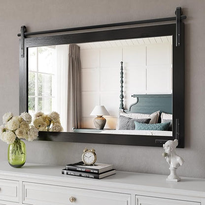 Farmhouse Mirror 46.4x32 Inch, Black Wood Bathroom Mirror Vanity, Wood Framed Rectangular Wall Rustic Mirrors for Entryway, Living Room, Fireplace