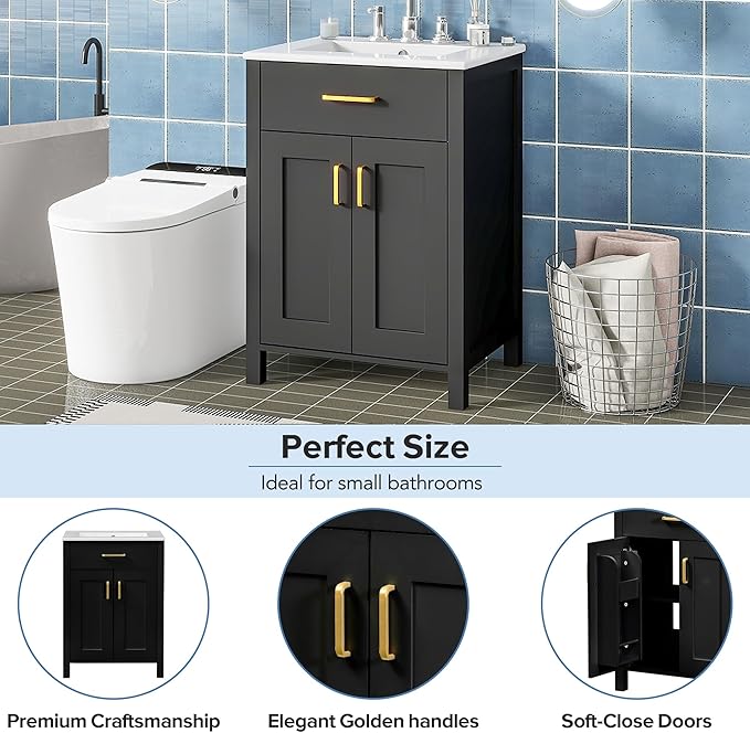 24" Bathroom Vanity with Sink, Modern Bathroom Vanity 24 Inch with Sink, 24 Bathroom Sink Vanity with Flip Drawer, Cabinet and Door Shelves, 24" Vanity with Sink for Bathroom (Black)
