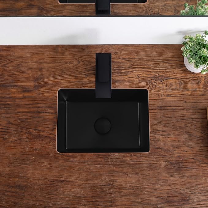 Undermount Bathroom Sink 16 Inch Black Rectangular with Overflow | Small Porcelain Ceramic Matte Black Vanity Basin (15.7"x11.8")