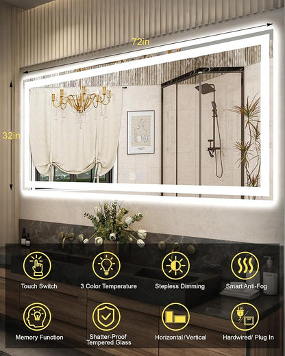 72x32 LED Bathroom Mirror, 6000LM, Separate Front and Back Lights | UL Certified,Shatter-Resistant Tempered Glass,Auto-Off Defogger,3 Color Modes,Smooth Dimming,Smart Memory Setting