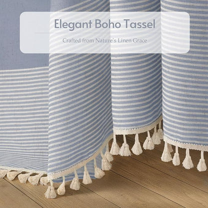 Light Blue Coastal Ocean Linen Striped Shower Curtain with Tassel 72W X 72L | Boho Farmhouse Shower Curtains with Linen Texture for Bathroom Decor