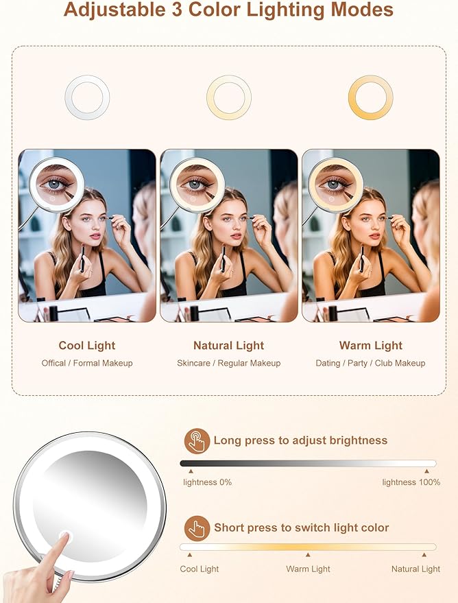 10x Magnifying Mirror with Light,Gooseneck Travel Make up Mirror 3 Lighting | Wall-Mounted Lighted Vanity Makeup Mirror, Cordless Battery Operated LED Mirror with Suction Cups for Shower Bathroom