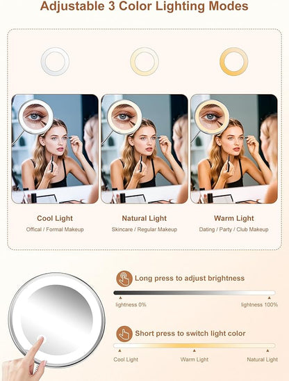 10x Magnifying Mirror with Light,Gooseneck Travel Make up Mirror 3 Lighting | Wall-Mounted Lighted Vanity Makeup Mirror, Cordless Battery Operated LED Mirror with Suction Cups for Shower Bathroom