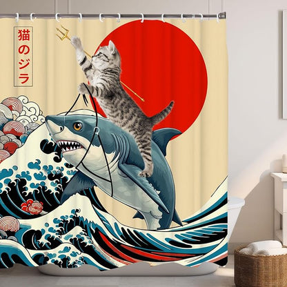 Funny Japanese Cat Shower Curtain, Vintage Cat Riding Shark Japan Anime Sunset Wave Waterproof Shower Curtain with Hooks, Animal Fabric Shower Curtains Bathroom Decor 72X72inches