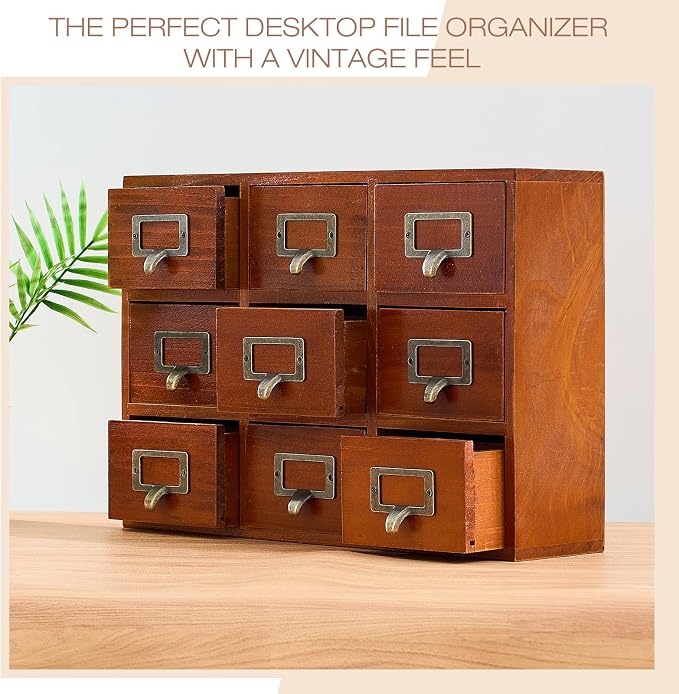 Qinyoung 9 Drawers Apothecary Cabinet Library Card Catalog Cabinet Tabletop Vintage Apothecary Chests Cabinets Rustic Herb Storage Box with Drawers Wooden Desk Drawer Organizer Medicine Furniture