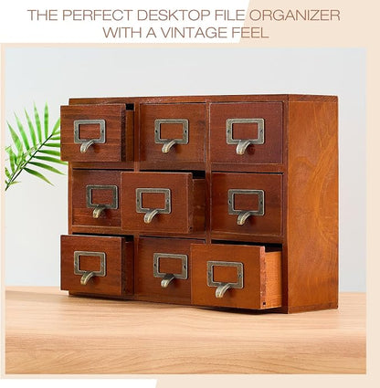 Qinyoung 9 Drawers Apothecary Cabinet Library Card Catalog Cabinet Tabletop Vintage Apothecary Chests Cabinets Rustic Herb Storage Box with Drawers Wooden Desk Drawer Organizer Medicine Furniture