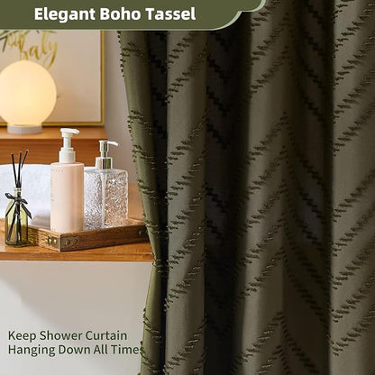 Siiluminisoy Extra Long Olive Green Boho Shower Curtain with Tassel, Woven Fabric 90 in Shower Curtain, Tufted Chevron Striped, 72 x 90, Modern Chic Textured Minimalist Bathroom Shower