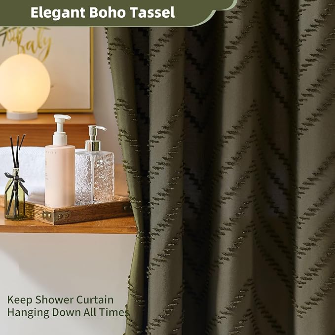Siiluminisoy Extra Long Olive Green Boho Shower Curtain with Tassel, Woven Fabric 84 in Shower Curtain, Tufted Chevron Striped, 72 x 84, Modern Chic Textured Minimalist Bathroom Shower