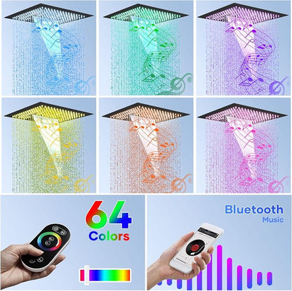 Thermostatic Rain Shower System, Black Multi Shower Head System with Body Jets, 23Inch Ceiling Mounted Full Body Rainfall Waterfall Shower System with Handheld, Tub Spout, LED Light and Music
