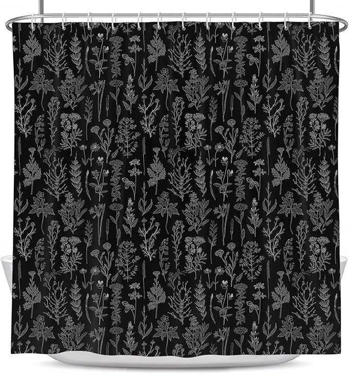 Coxila Vintage Floral Shower Curtain Long Wide Black Flower Retro Farmhouse Rustic Dark Spring Botanical Plant Country Boho Cute Wildflower Nature Bathroom 72 x 72 Inch Polyester Fabric 12 Pack Hooks