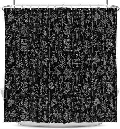 Coxila Vintage Floral Shower Curtain Long Wide Black Flower Retro Farmhouse Rustic Dark Spring Botanical Plant Country Boho Cute Wildflower Nature Bathroom 72 x 72 Inch Polyester Fabric 12 Pack Hooks