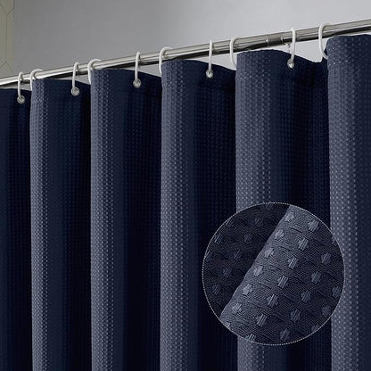 OVZME Stall Fabric Shower Curtain Set, Waffle Weave 230GSM Heavy Duty Small Shower Curtains for Narrow Size, Machine Washable Bath Curtain with 12 Plastic Hooks, 36x72, Navy Blue