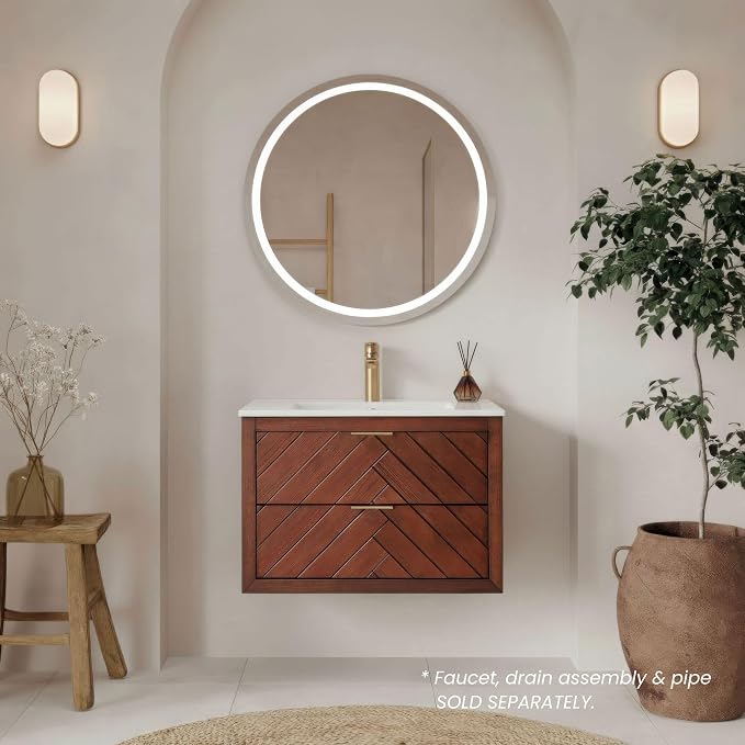 30 in. Wall Mounted Bathroom Vanity with Sink, Fully Assembled Floating Vanity with Double Drawers, Brown Walnut Finish
