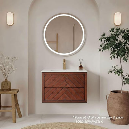 30 in. Wall Mounted Bathroom Vanity with Sink, Fully Assembled Floating Vanity with Double Drawers, Brown Walnut Finish