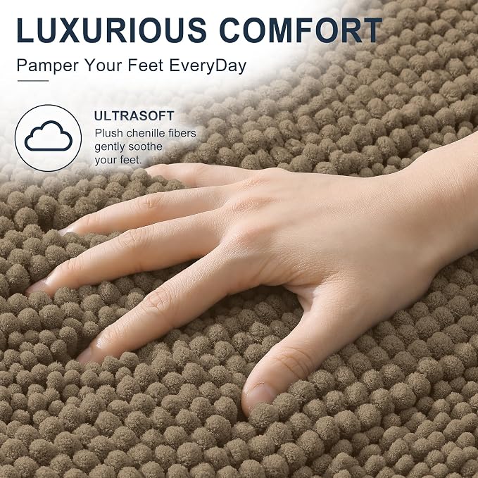 Smiry Thick Chenille Bathroom Rugs 36x24, Soft Absorbent Bath Mat, Tan | Quick‑Dry & Machine Washable, Non‑Slip Bath Carpet, Striped Bath Rugs for Tub & Shower, Modern Home Decor Accessories