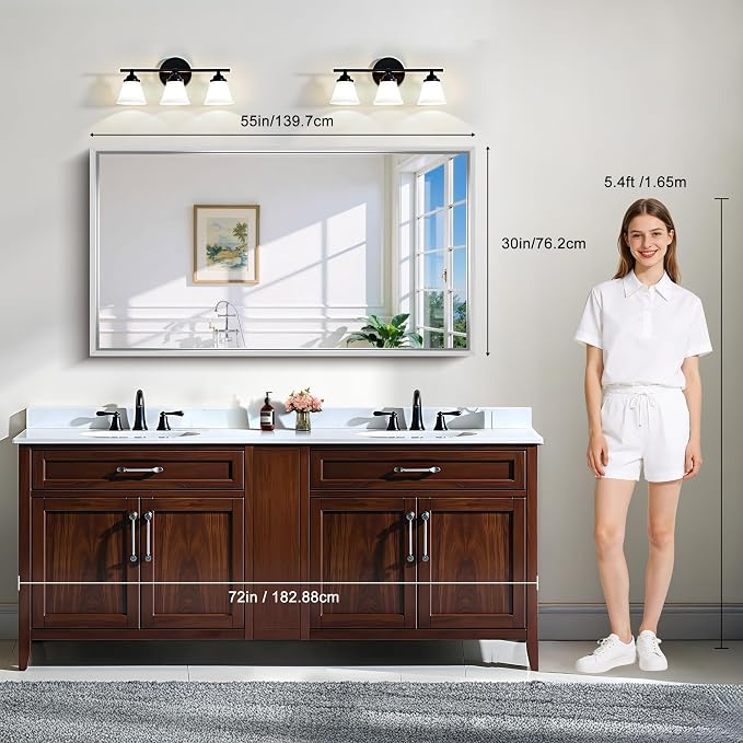 CIRCUMI 30"x55" Brushed Silver Bathroom Mirror, Double Sink Vanity Mirror | Chunky Box Metal Frame, Shatterproof, Tempered Glass, Bathroom Remodel&New Home, Large Rectangular Mirror for Living Room