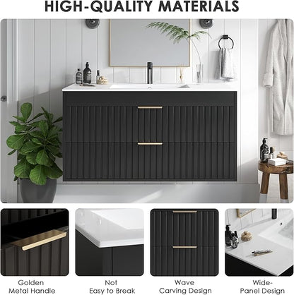 36" Bathroom Vanity with Sink, Floating Bathroom Vanity with 2 Fluted Drawers & Metal Handle, Wall Mounted Cabinets with Integrated Ceramic Sink for Apartment, Home, Black