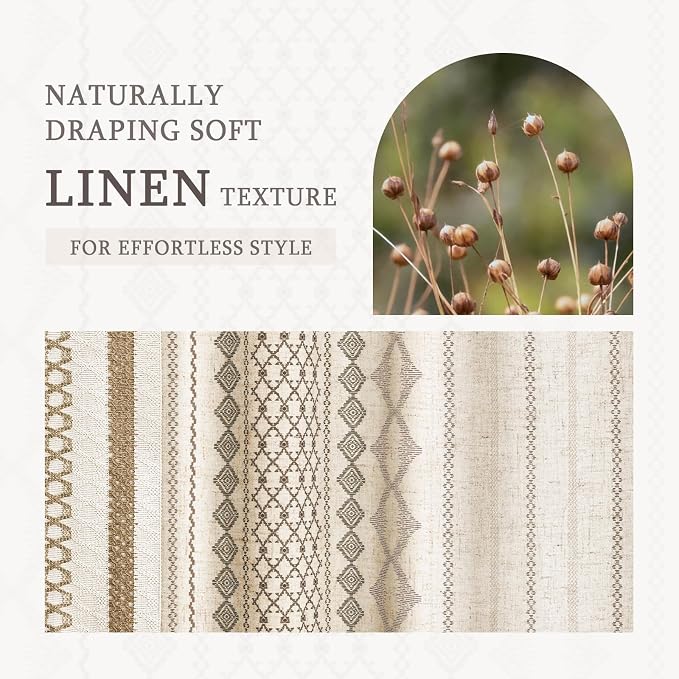 Natural Linen Boho Shower Curtain,72" W x 72" L | Linen Striped Print and Twine-Inspired Woven Center for Bathroom