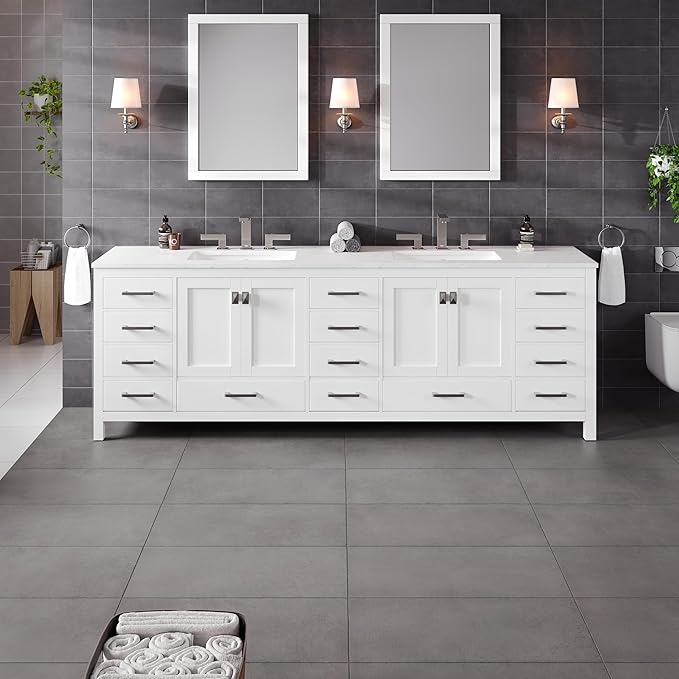 Eviva Aberdeen 96 in. White Double Sink Bath Vanity with Carrara Quartz Top and Undermount Porcelain Sinks