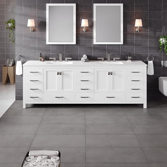 Eviva Aberdeen 96 in. White Double Sink Bath Vanity with Carrara Quartz Top and Undermount Porcelain Sinks