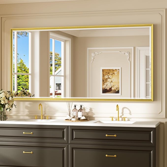 Keonjinn 72 x 36 Inch Gold Bathroom Mirror, Safe HD Tempered Glass, Large | Aluminum Alloy Metal Frame, Secure French Cleat Installation, Transitional Style, Rectangle Wall-Mounted Mirror, Living Room