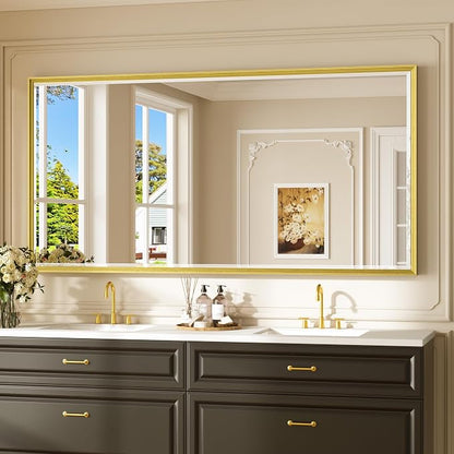 Keonjinn 72 x 36 Inch Gold Bathroom Mirror, Safe HD Tempered Glass, Large | Aluminum Alloy Metal Frame, Secure French Cleat Installation, Transitional Style, Rectangle Wall-Mounted Mirror, Living Room